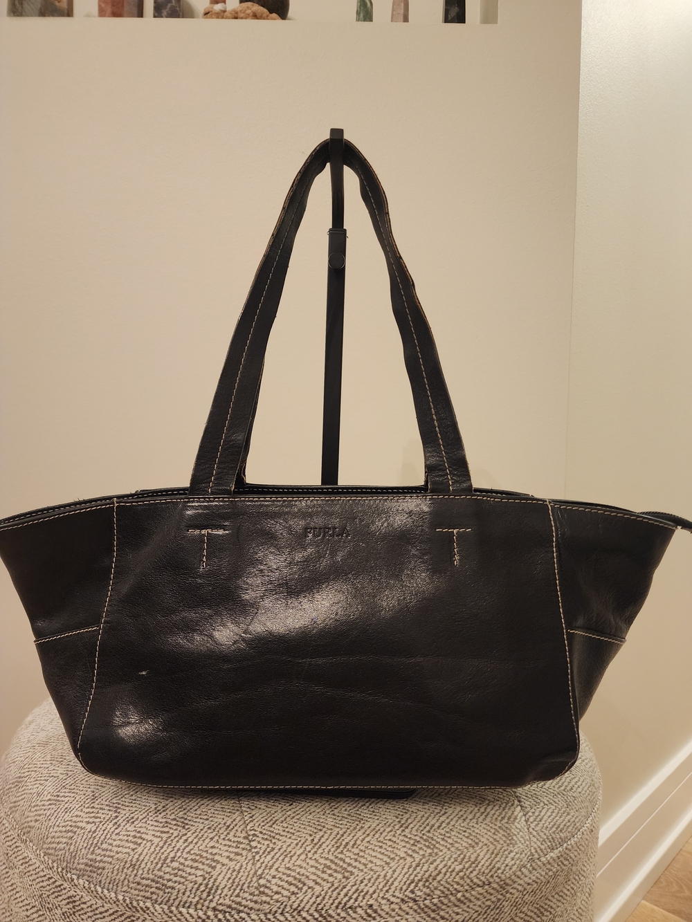 Vintage Furla Small Black Leather Tote/ Shoulder Bag
